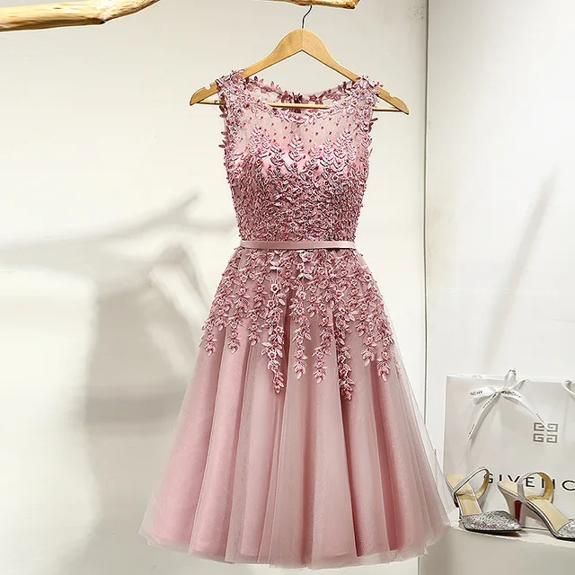 

2021 Hot Sell Elegant Knee Length Women Girls Dresses Appliques Beads Formal Party Dresses Pink Red Light Blue