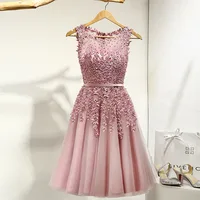 

2019 Hot Sell Elegant Knee Length Women Girls Dresses Appliques Beads Formal Party Dresses Pink Red Light Blue