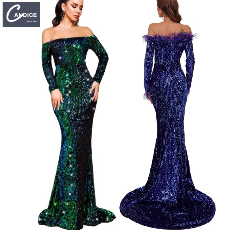 

Candice Haute couture one line shoulder long sleeve luxury sequin gowns evening formal bodycon feather elegant dress for women