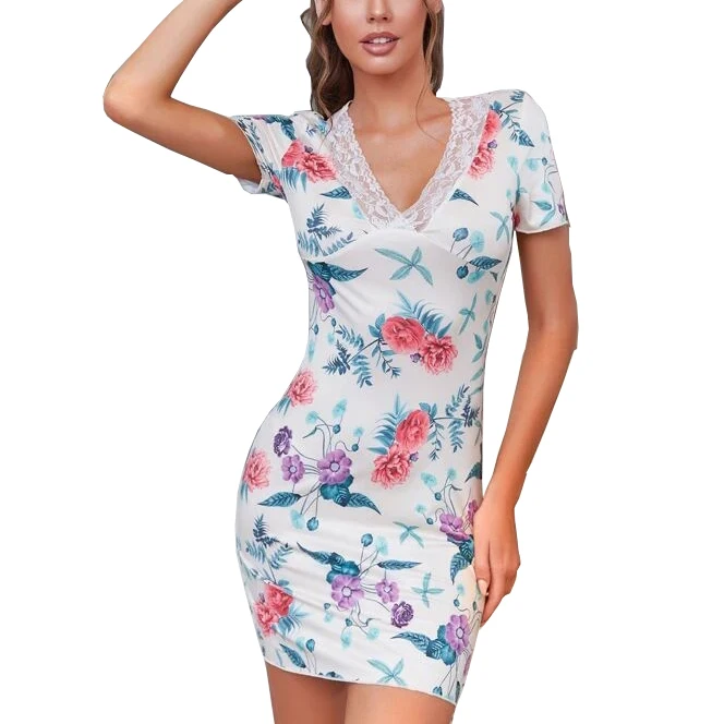 

Elegant Women Slim Floral Printed Lace Hemline Deep V-neck T-Shirt Nightdress