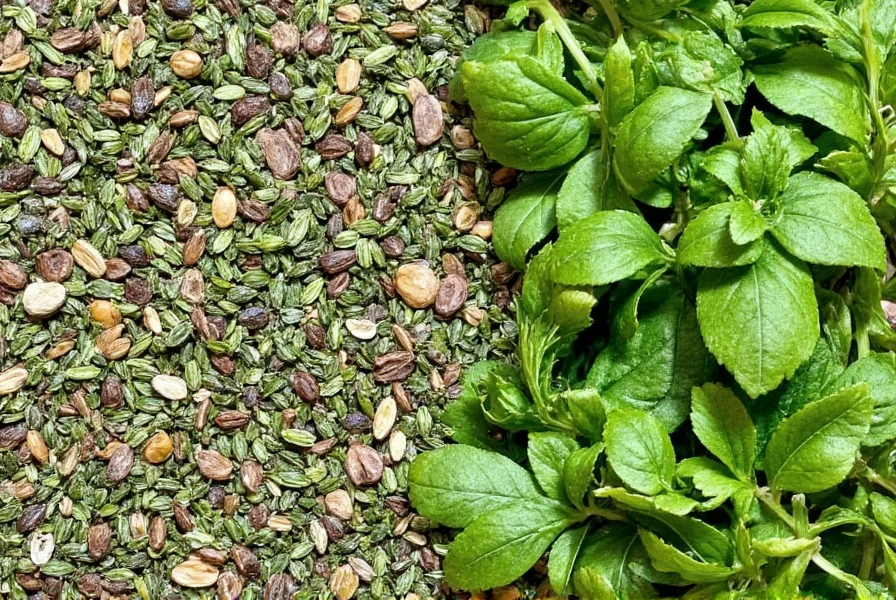 Fresh basil leaves and dried thyme side by side