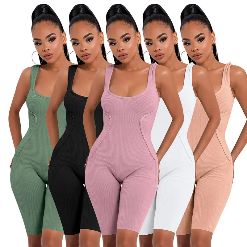 

FS4041A Casual Bodycon Sleeveless Jumpsuits Sporty Workout Active Wear 2021 Women Jumpsuit