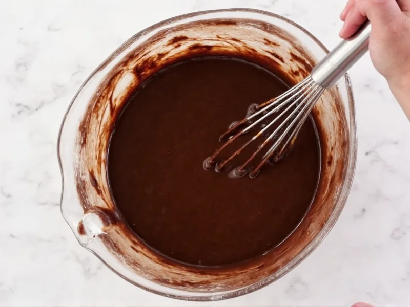 Whisking melted chocolate and sugar mixture for brownie batter