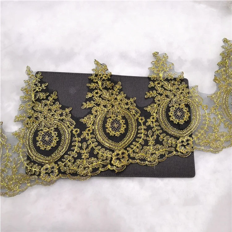 

Hot selling clothing accessories mesh embroidery gold lace trim border stretch, Accept customized color