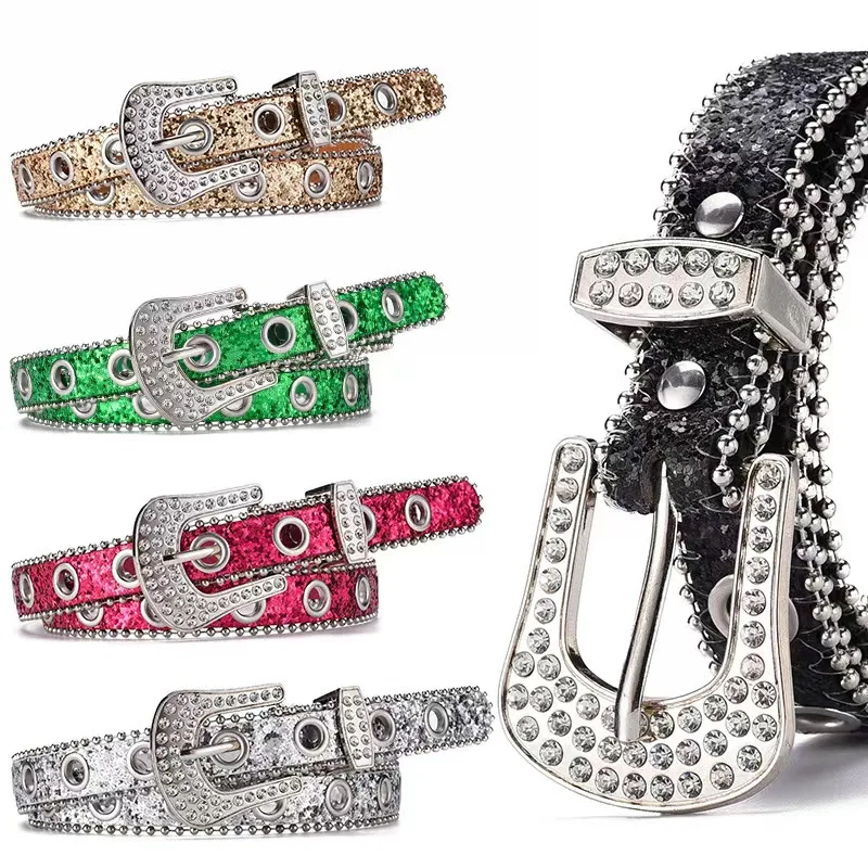 

Dropshipping Punk Style Ladies Western Rhinestone Leather Belts PU Leather Women's Belts