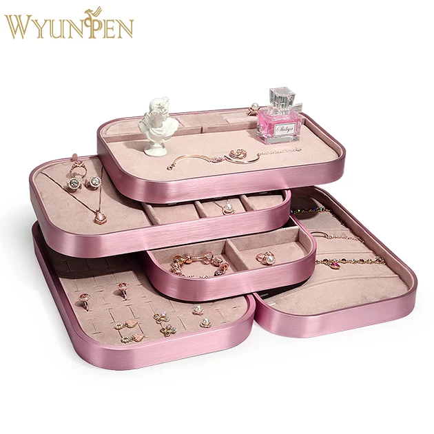 

WYP Wholesale pink suede leather Counter Shop Pendant Ring Bracelet Charms Display Jewelry Tray