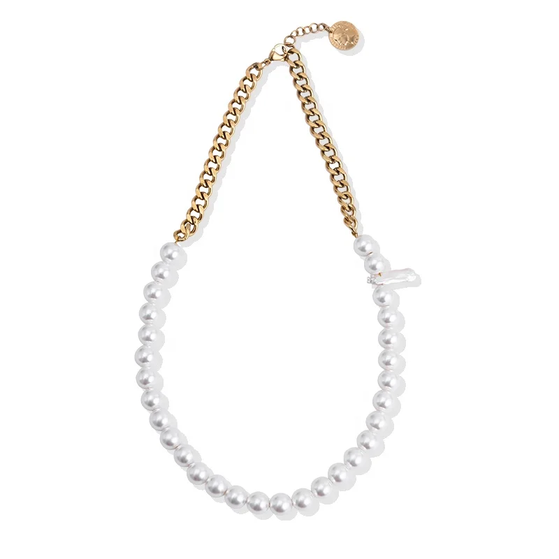 

Fashion Pearls Necklace Stainless Steel 18K Gold Cuban Chain Necklace Choker Women Couple