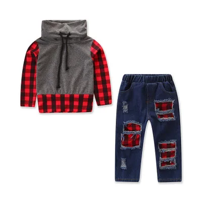 

1-6 Years Old Kids Fashion Children Clothing Sets Winter Autumn Camouflage High Collar Top Hole Denim 2pcs Wholesale Red Plaid