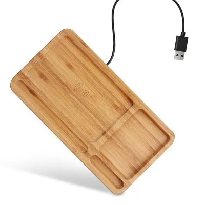 

New Fancy Bamboo Wood Wireless Charger Storage Box With5/10/15W Wireless Charger With Customized Logo