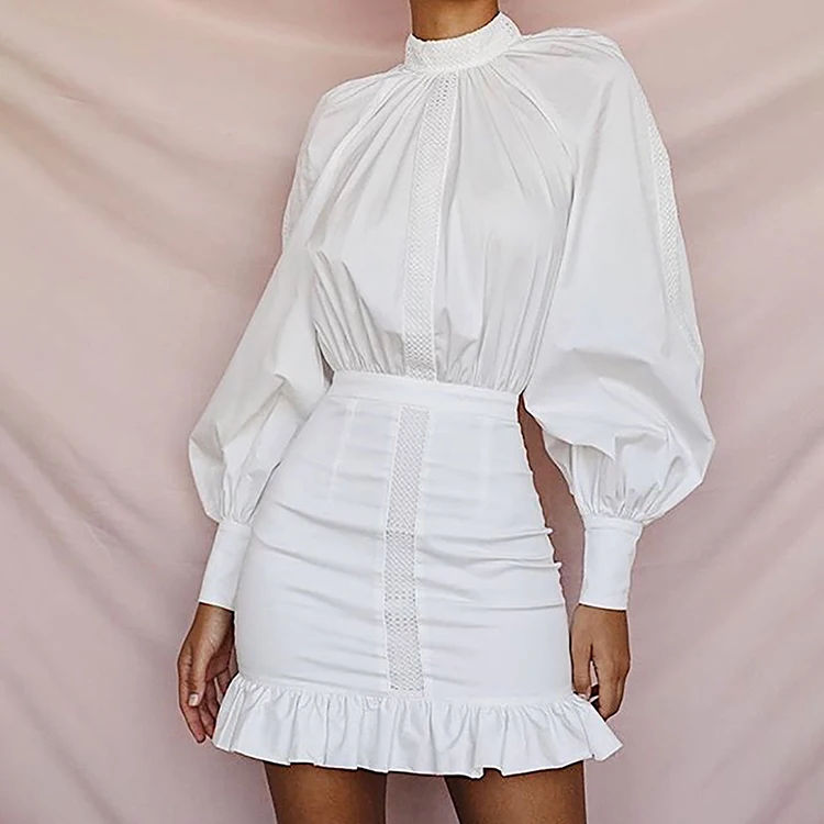 Fashion Lantern Sleeve Ruffled Hem White Fall Dress