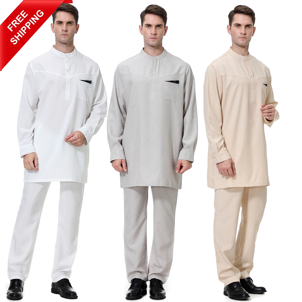 

FREE SHIPPING Malaysia Modern Comfortable Cotton Breathable Long Sleeve Solid Kebaya Islamic Muslim Men Baju Kurung With Button, White, gray, khaki