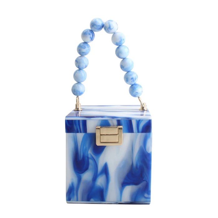 

Luxury fashion blue marble pattern evening acrylic hand bag handbag with acrylic chain bead handle, Blue, black, green, dark green, orange, dark coffee