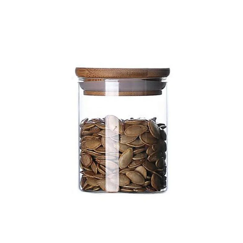 

Wholesale airtight food container with bamboo lid kitchen food glass storage jars, Transparent