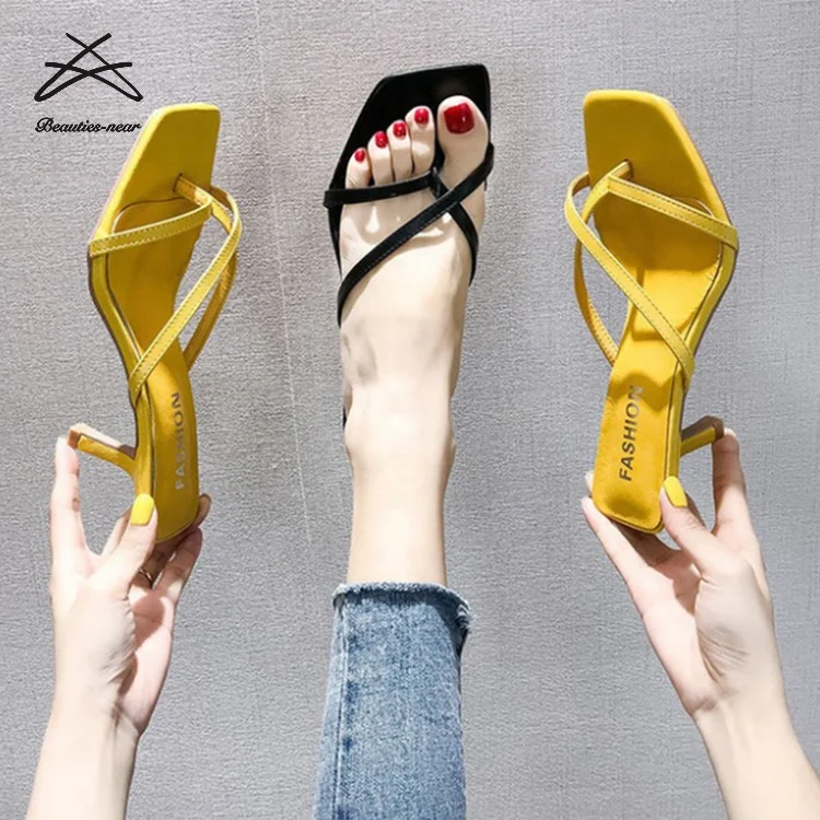 

RTS sexy girls high heels sandals for women slide sandal lady shoe Thin heel Shoes For Women Slipper, Yellow,black,beige