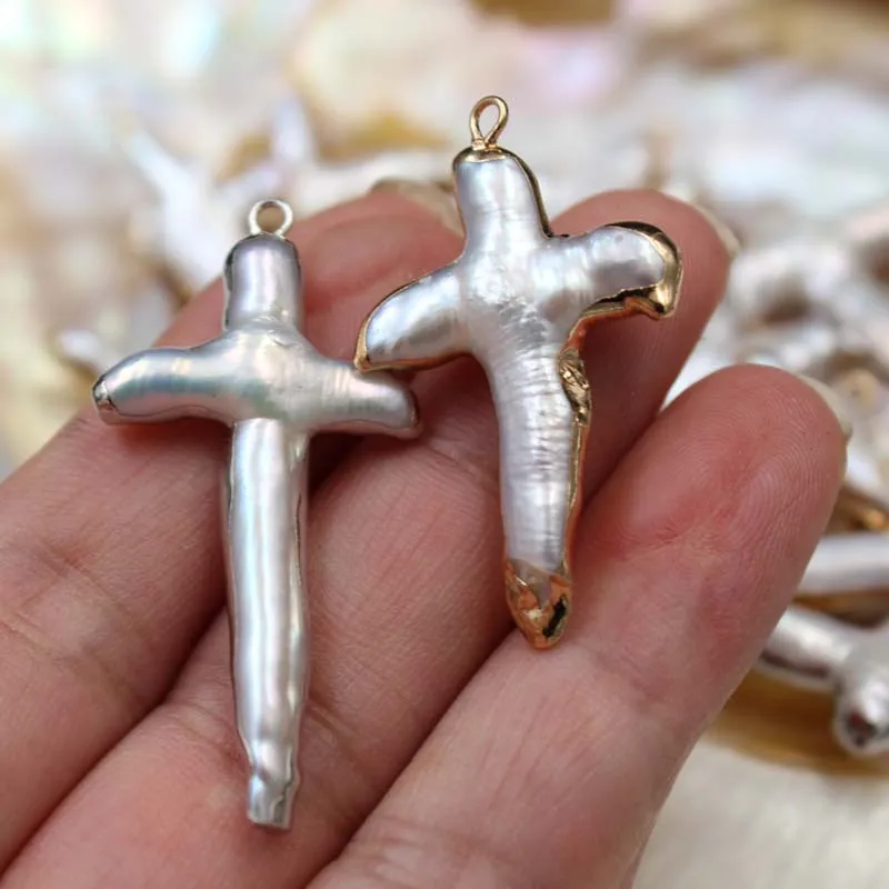 

Baroque cross pearl pendant natural fresh water DIY wrapped edge pearl accessories shaped pearl pendant baroque pearls strands, Silver ,gold