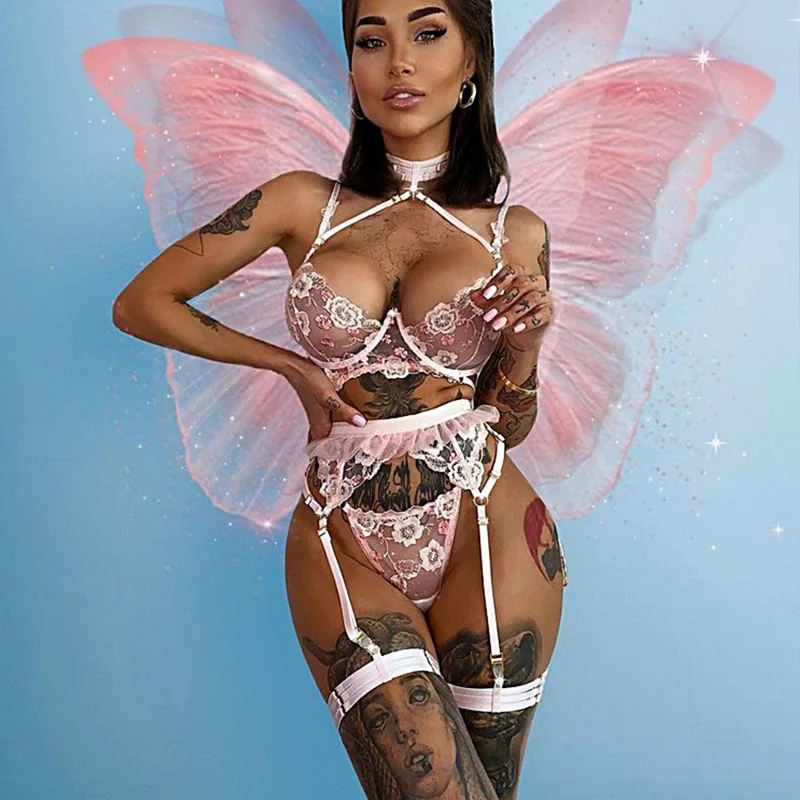 

wholesale transparent lace sexy lingerie hollow erotic lingerie suite hot pink lingerie women