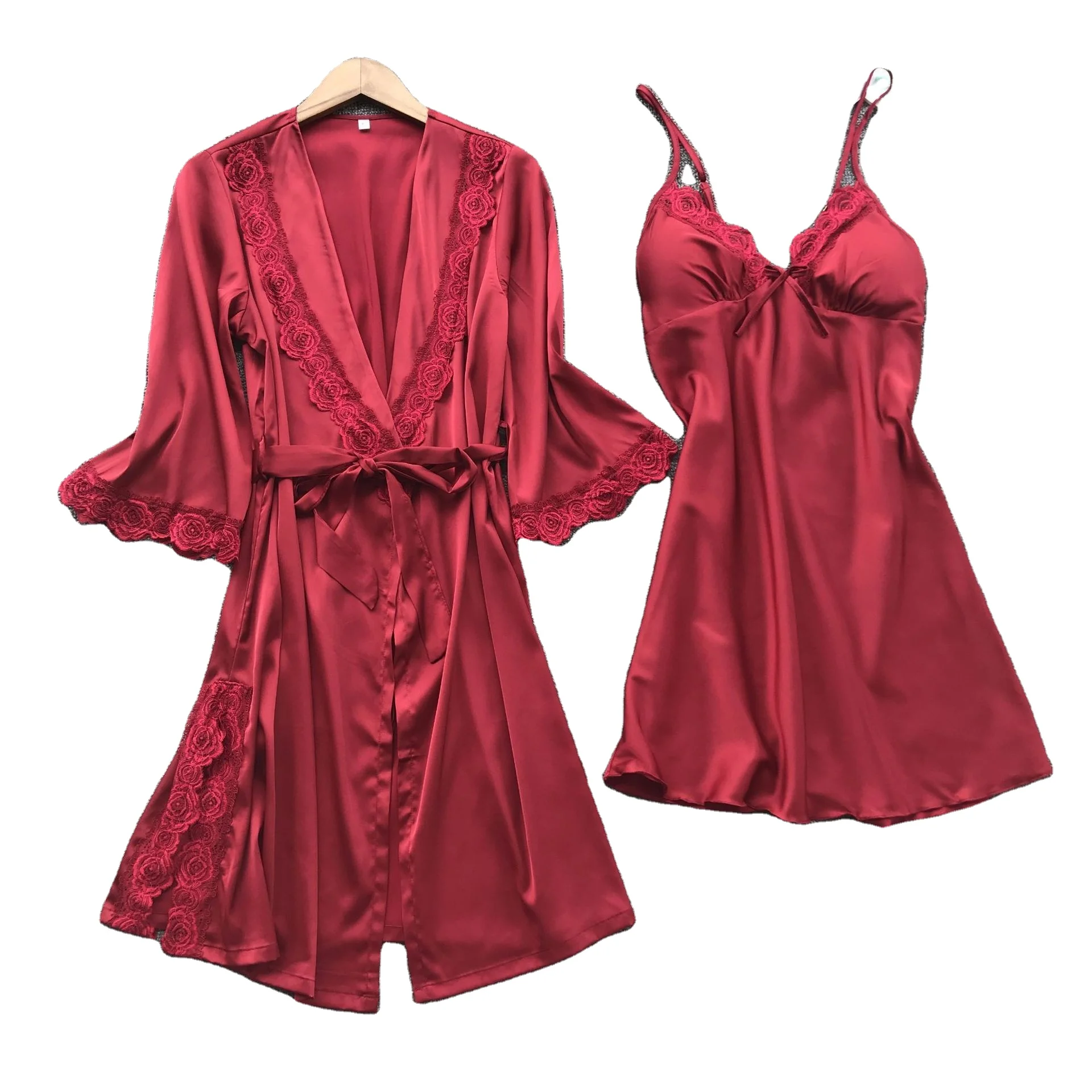 

Wholesale 2 piece Lady nighty saint valentine day gift Ladies pajamas and Red Women Robes Sleepwear silk sexy set, As pictures