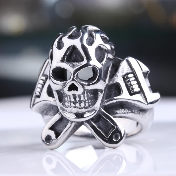 Stainless Steel Flaming Skull Biker Ring Free Gift Packaging 