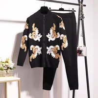 

2020 new arrival fashion black knitted latest long sleeve embroidered cardigan tops with long pants two piece set women clothing