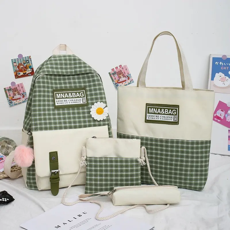 

Wholesale school bags 4pieces check pattern popular preppy style sets waterproof breathable backpack set for girls
