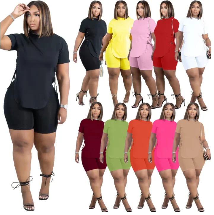 

2022 summer plus size 4XL 5XL 2 pc outfit fashion solid side Eyelet Bandage T shirts with shorts two piece set women casual