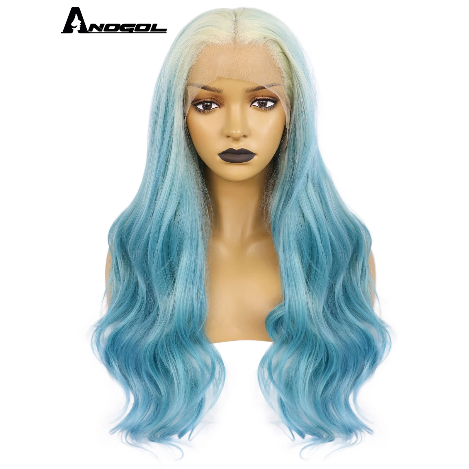 

Anogol Synthetic Wigs 28 Inches 13*4 Lace Front Wigs Light Blue White Long Wave Ombre Blonde Natural Wavy Wig for Women