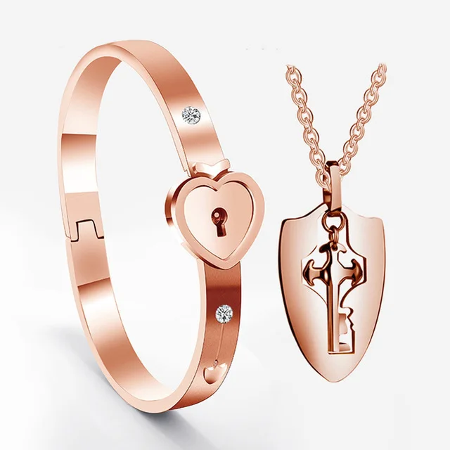 

Factory Hot Sale New Gold Necklace Bangle Stainless Steel Jewelry Heart Locks Key Couple Bracelet, Silver gold ,rose ,black