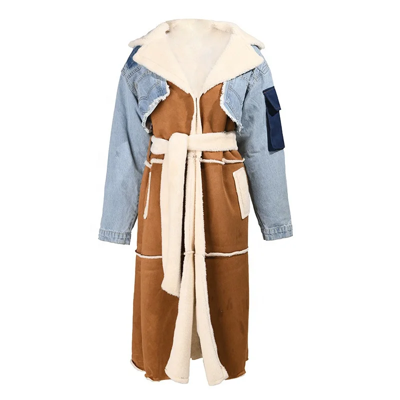

New Arrival Warm Winter Long Patchwork Fleece Jeans Coats Jacket Woman For Women