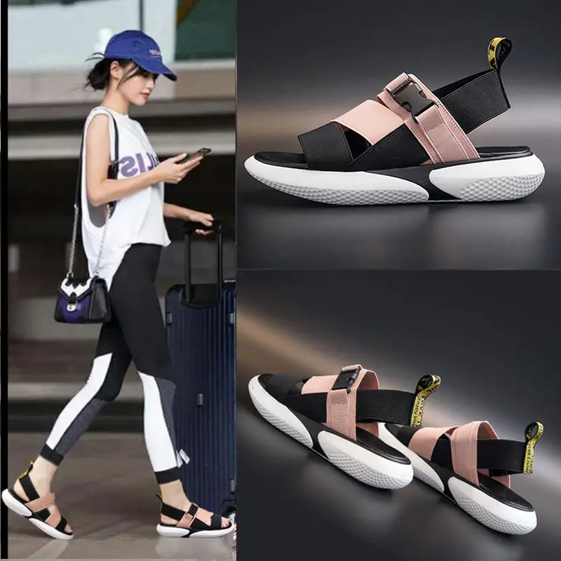 

2021 women's summer flat casual shoes women's slippers Fashion open toe sports sandals T-shaped buckle thick heel platform shoes, As photo