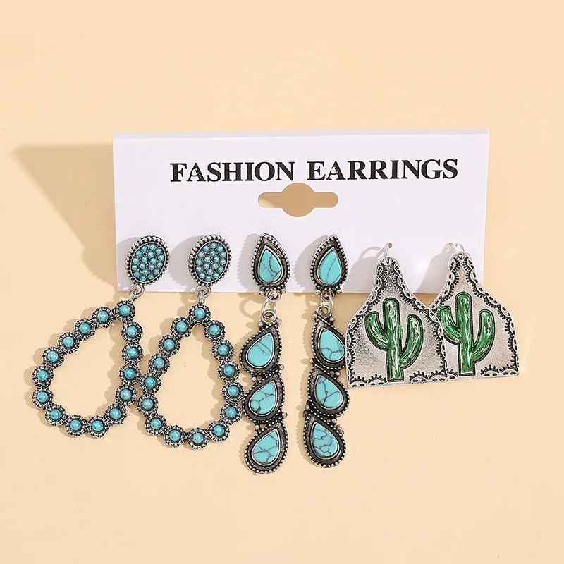 

Fashion Bohemia Turquoise Hoop Earrings Turquoise Cactus Earrings Set Western Cactus 3 Pairs Earrings Set