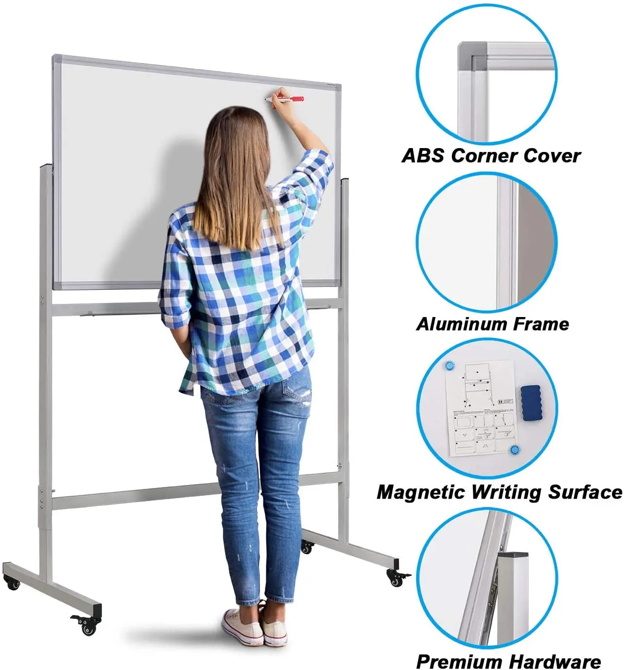 Mobile White Board 47 X 32 Inches Big Double Sided Dry Erase