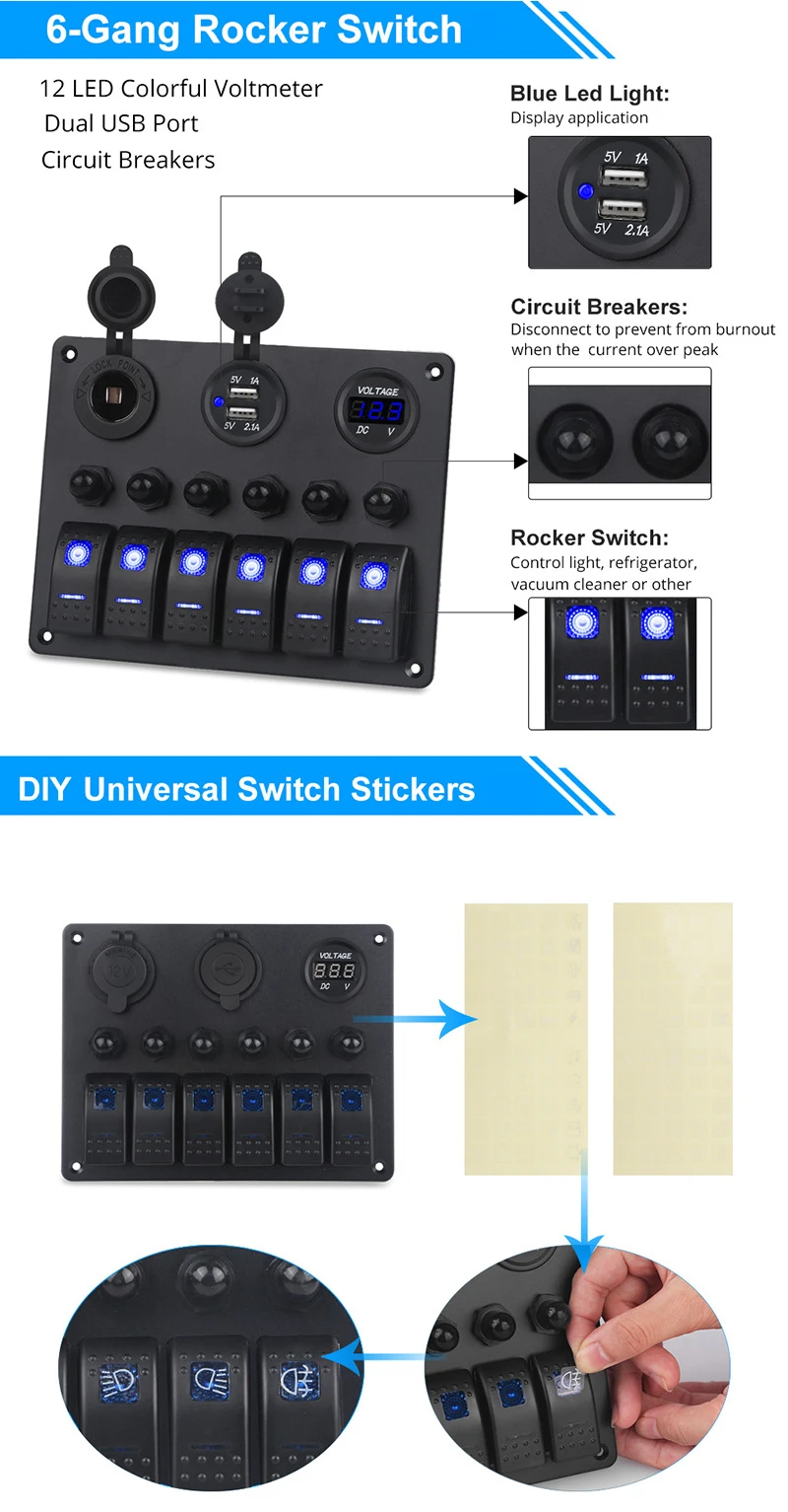 Rv 12v 24v Controle Button Universal 6 Gang Switch Panel Blanks Holder Housing Kit,Boat Car Led