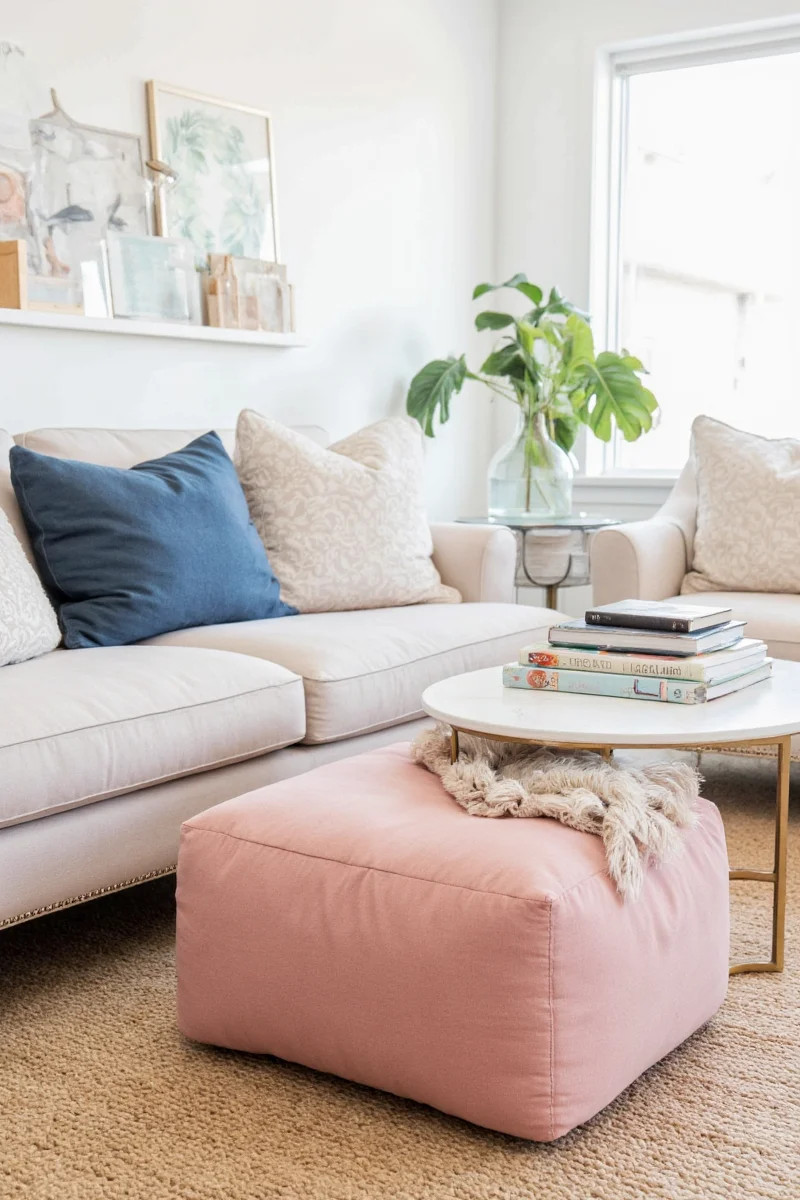 Pouf used as seating in a kid-friendly playroom