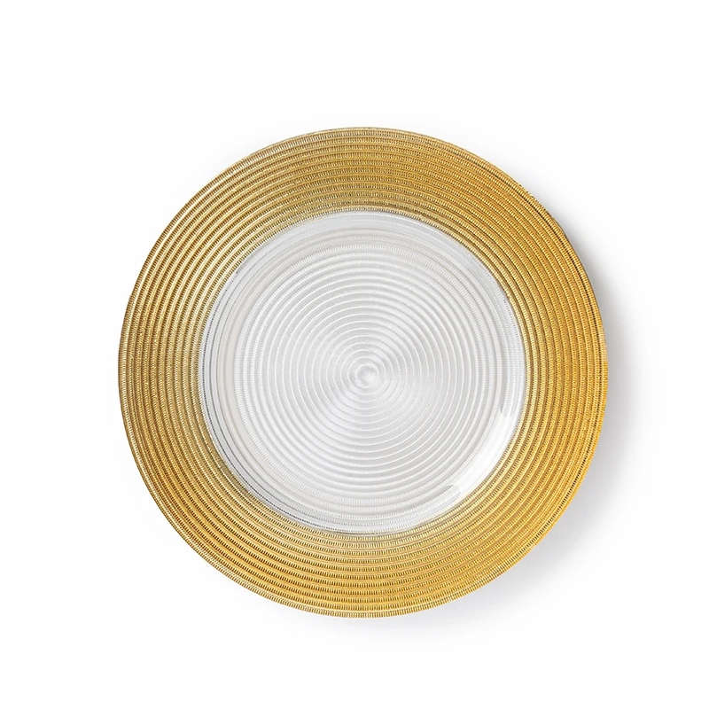 

Luxury Dinner Plates Flat Gold Rim Round Food Steak Serving Trays Vajilla Platos Glass Under Plates Charger For Table Decoration, Golden rim