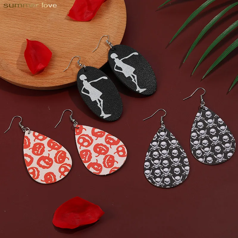 

Wholesale New Design Halloween Jewelry Mutil-Color PU Leather Earrings Jewelry Teardrop Earrings for Women, Silver
