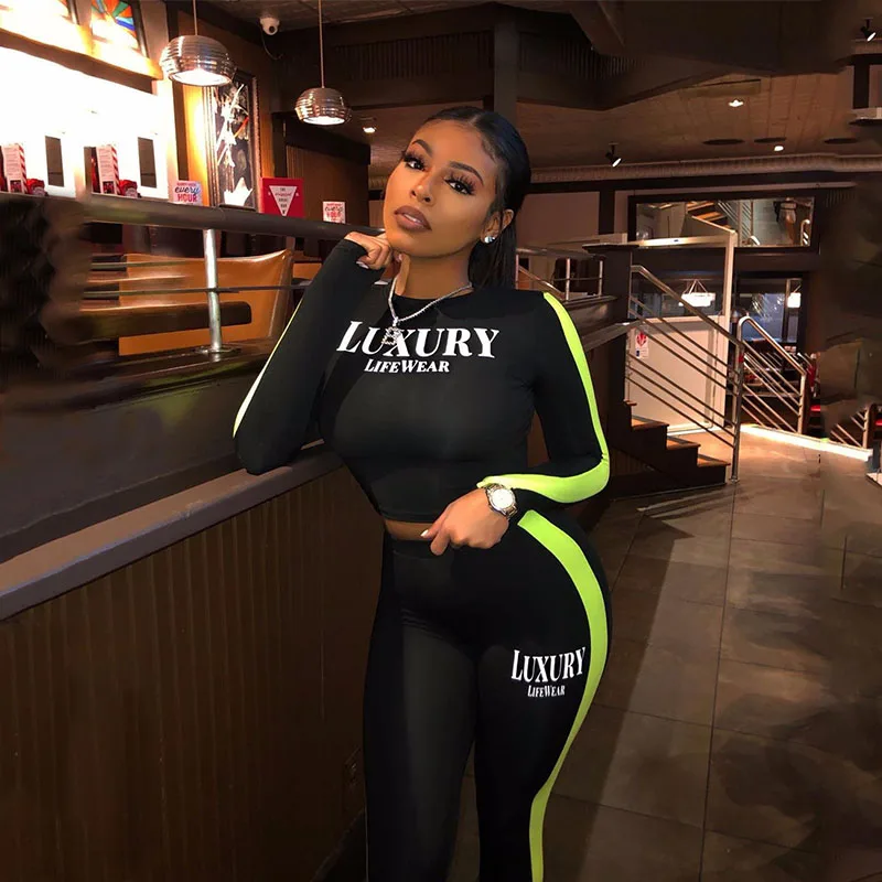 

Sports Letter Printed Round Neck Long Sleeves Mini Top With Trousers Two Piece Set, Picture