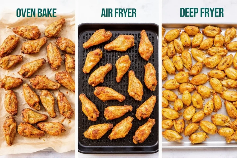 Comparison of lemon pepper wings cooked using oven baking, air frying, and deep frying methods on baking sheet