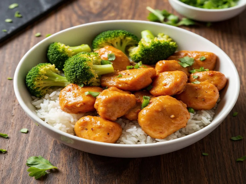 Homemade orange chicken served with rice and broccoli