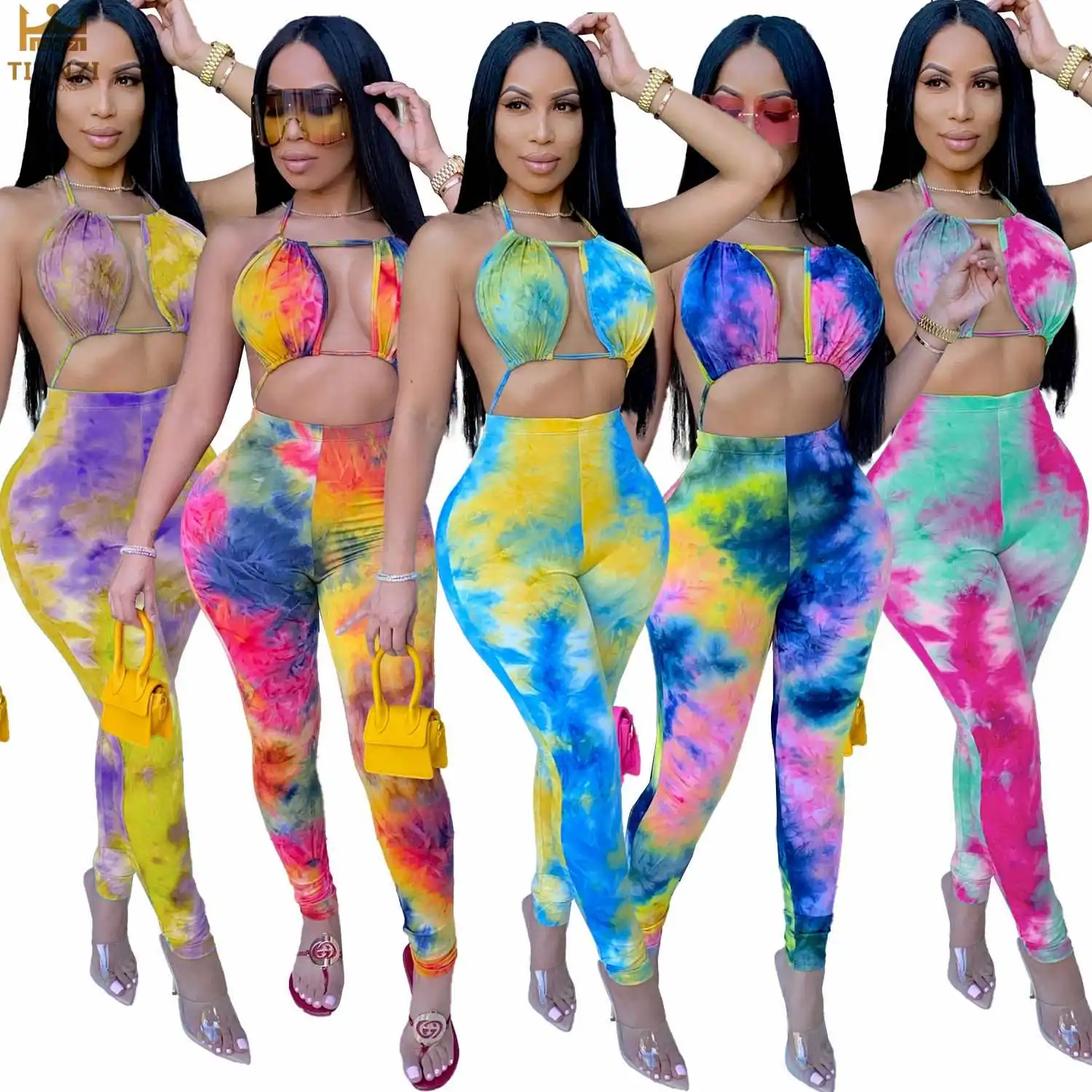 

2020 Hot sale women clothing crop tops sexy tie dye bodycon 2 two piece set