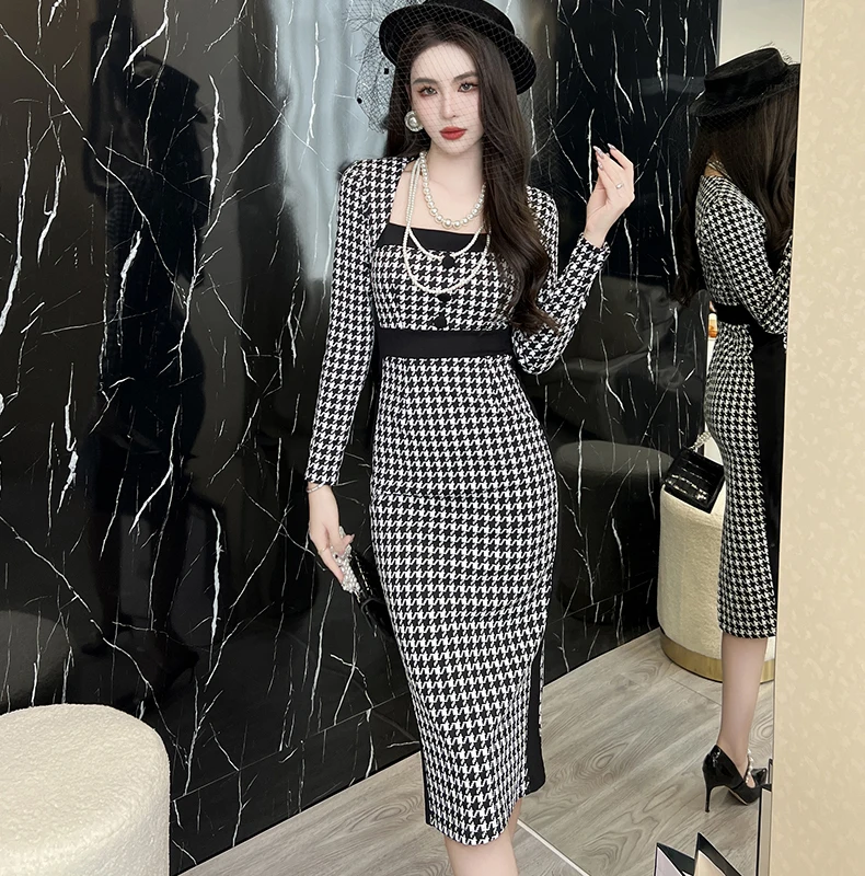 

ZYHT 30022 Designer Plaid Business Dress for Lady Latest Office Dress Career Pencil Elegant Office Dresses Office Formal Women