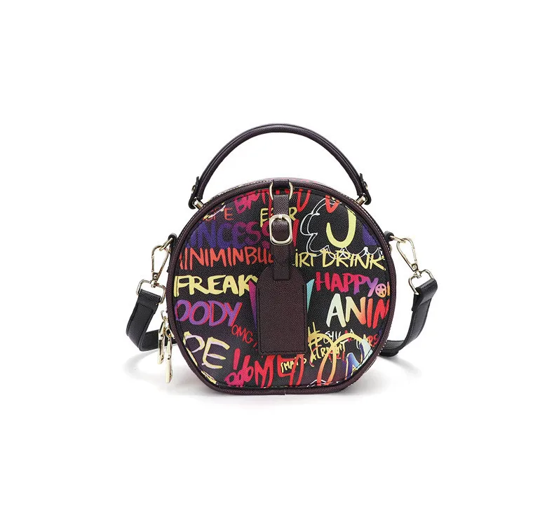 

Ladies Fashion Round Crossbody Purses and Handbags Women Cute PU Leather Graffiti Handbag, Customized