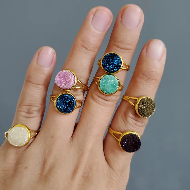 

RG1043 Wholesale Adjustable Natural Raw Quartz crystal Druzy Stone Ring
