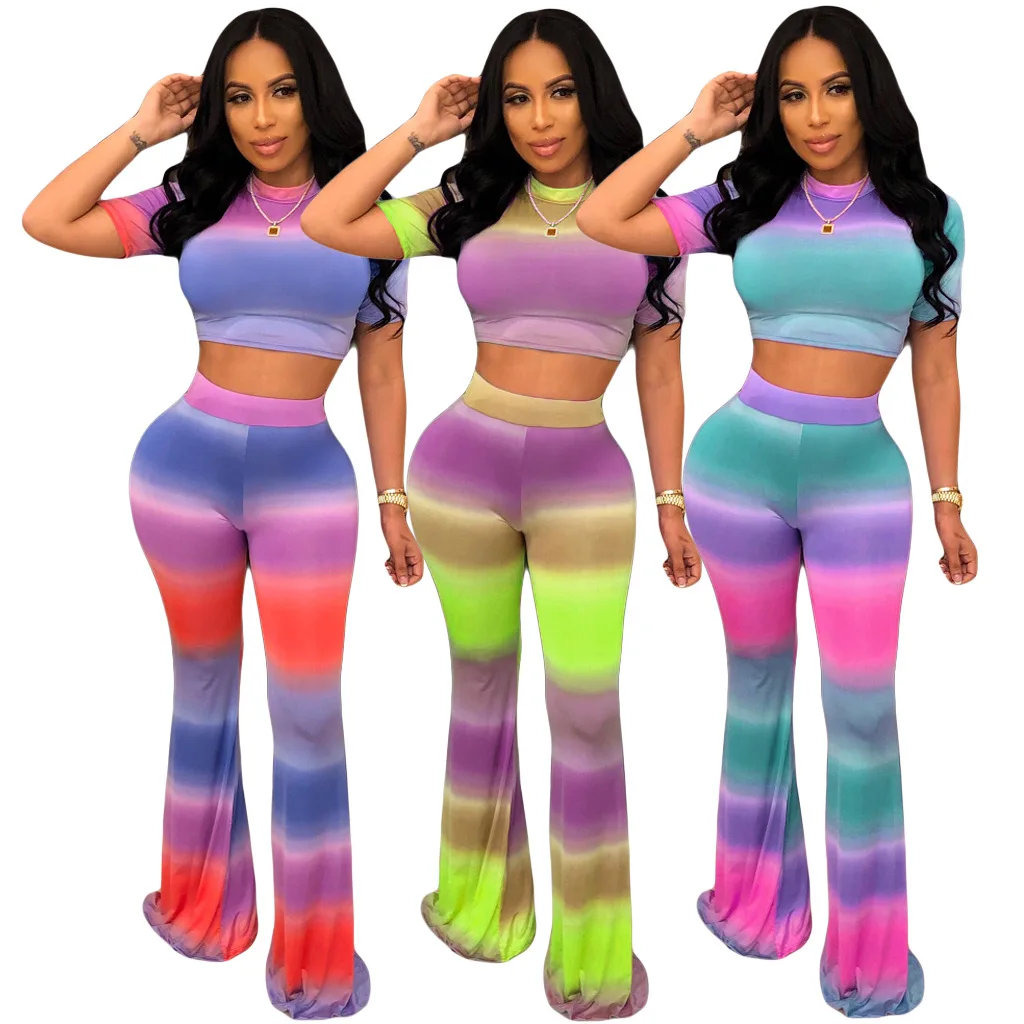 

New Women Summer Tie-dye Gradient Striped Print O-Neck Top and Long Pants Sporty Tracksuit Outfit Two Piece Pants Set For Women, Multicolor, pink, green