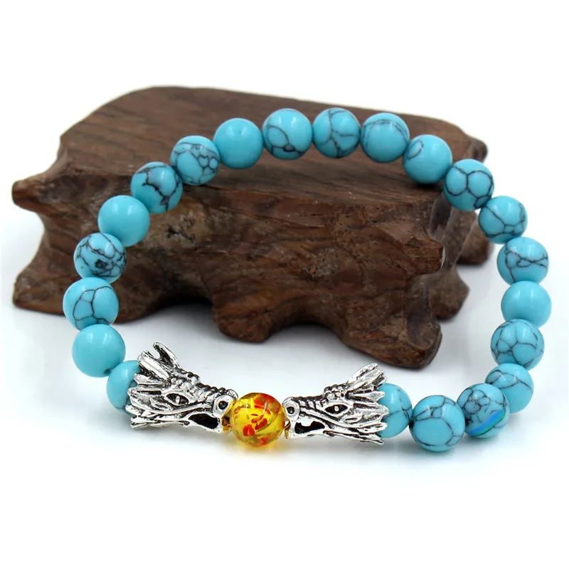 

Trendy Wholesale Turquoise Lava Stone Beads Bracelet Agate Dragon Head Elastic Bracelet, As pictue show