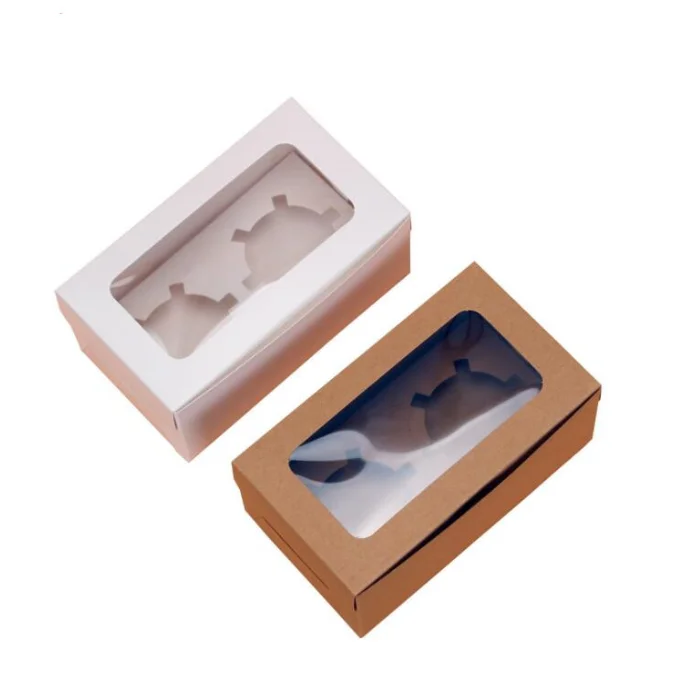 

2 hole cupcake box kraft cardboard luxury bakery packaging with window gift boxes wholesales