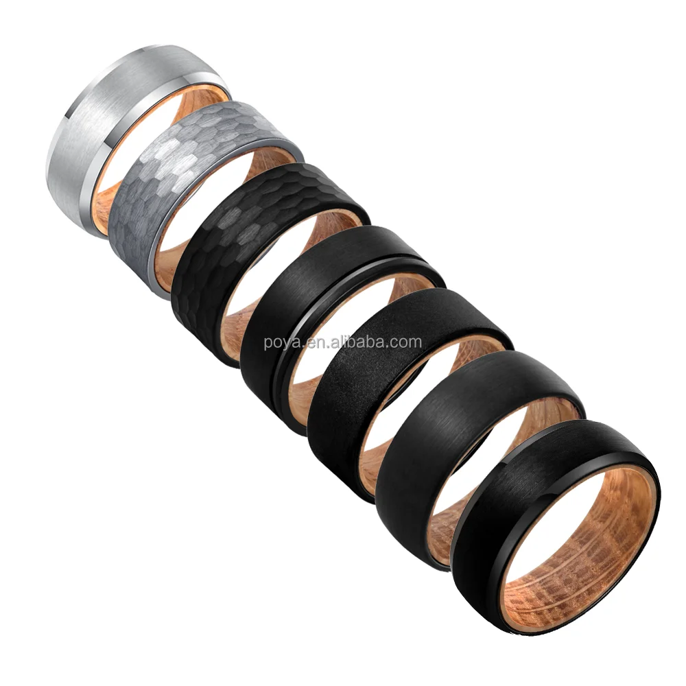 POYA  8mm Brushed Hammered Black/Silver Beveled Edge Tungsten Ring with Wood Liner Wedding Band Jewelry for Men