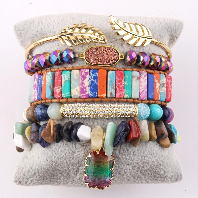 

Fashion Stretch Crystal Glass Beads Natural Bracelet Set Alloy Nail Leaf Bangle Chip stone Stack Bracelet Set, Mix