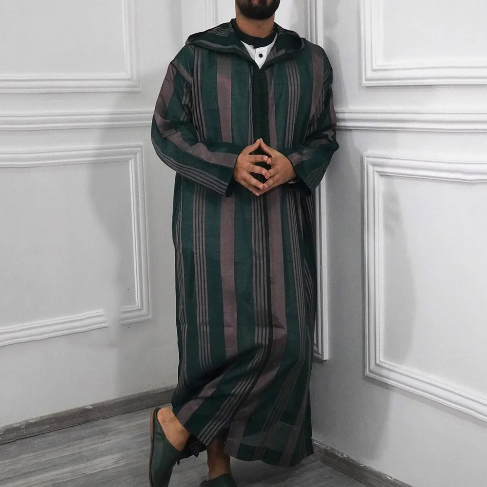 

2022 New arrival ethnic style Muslim fashion hooded striped casual robe ramadan abaya kaftan robe loose Islamic clothing, Green or customized