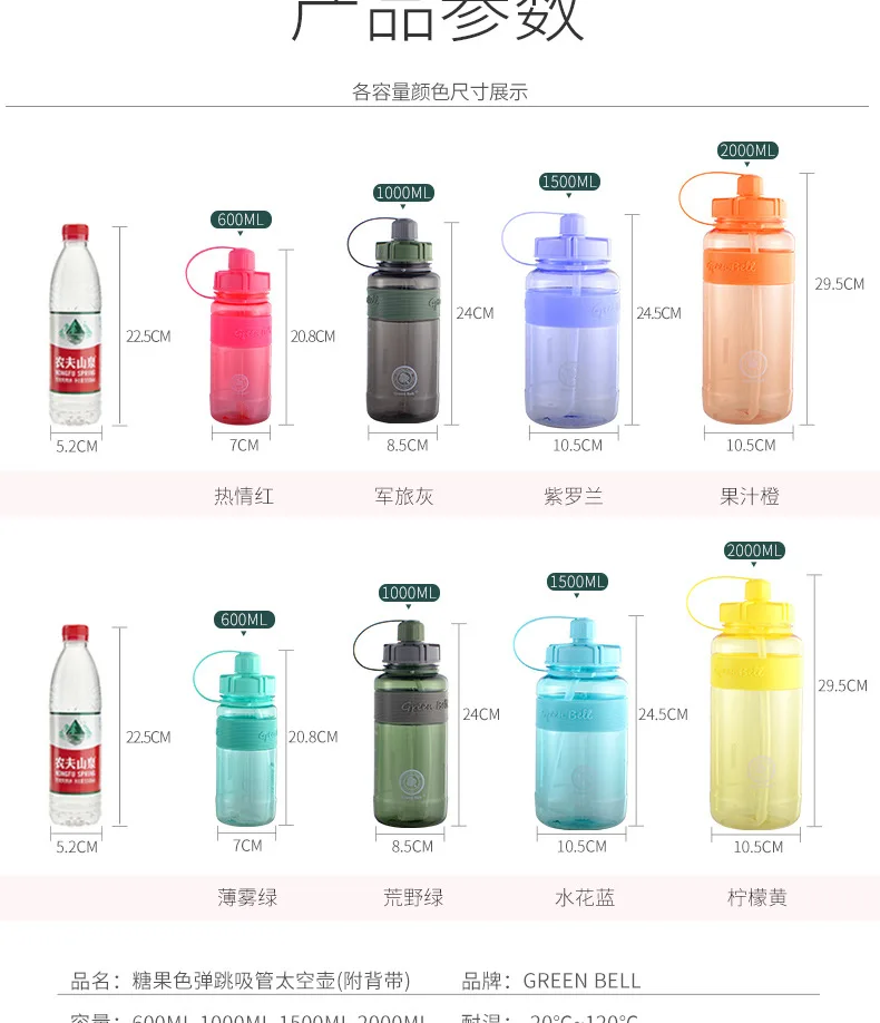 

2000ml Fitness Sports Water Bottle Plastic Large Capacity Water Bottle with Straw Outdoor Climbing Bicycle Drink Bottle