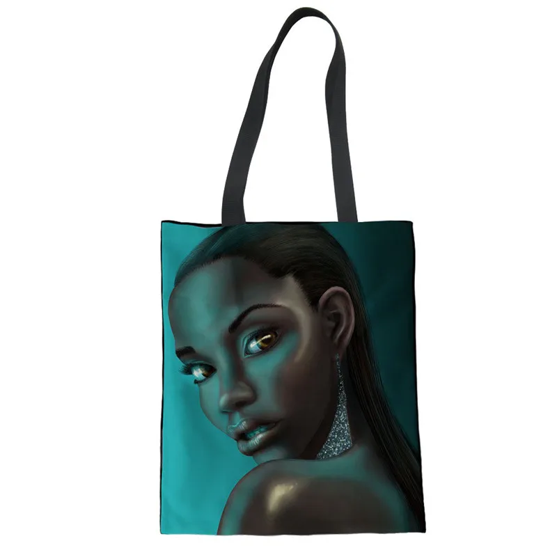 

African Girl Art Print Custom Reusable Ladies Cotton Canvas Tote Large Shopping Bags With Logos